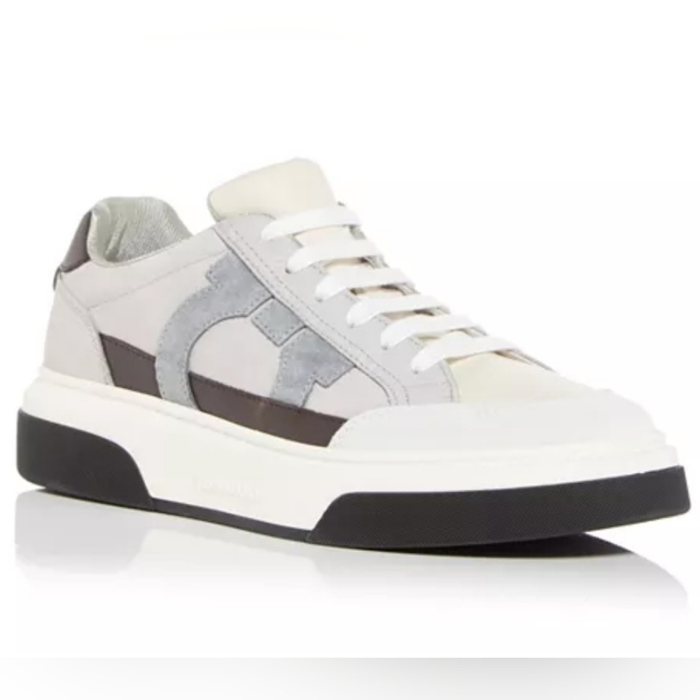 NWT Salvatore Ferragamo White and Gray Low-Top Leather Sneakers